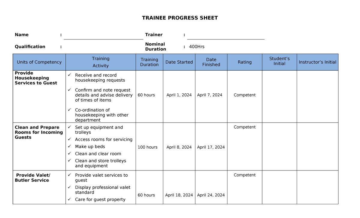 Trainee-Progress-Sheet - TRAINEE PROGRESS SHEET Name : Trainer ...