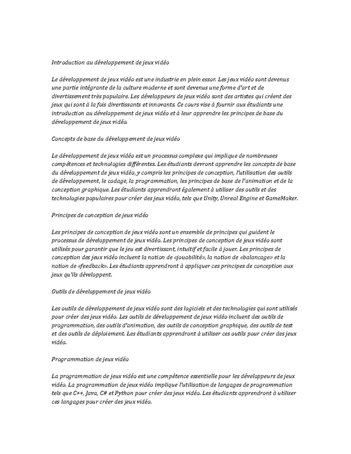 Video Game Development Study Notes - Introduction au développement de ...