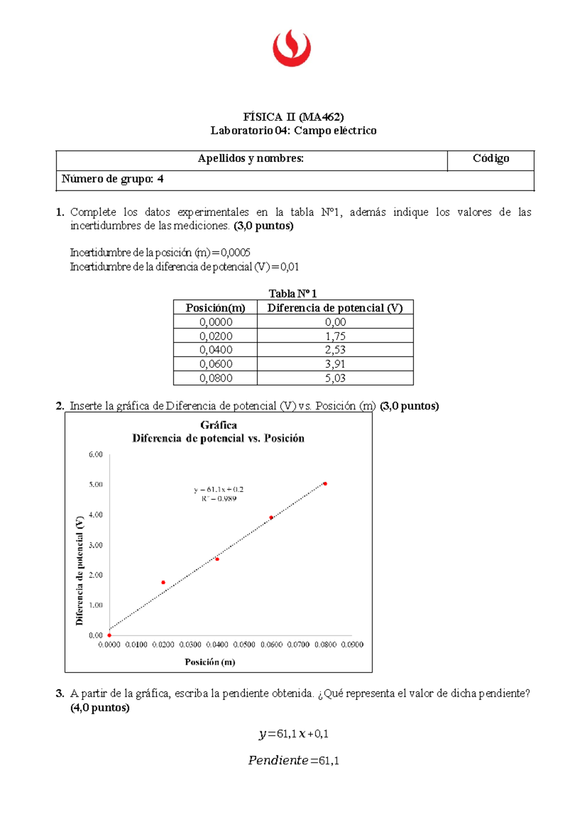 HL41 MA462 L04 - FÍSICA II (MA462) Laboratorio 04: Campo Eléctrico ...