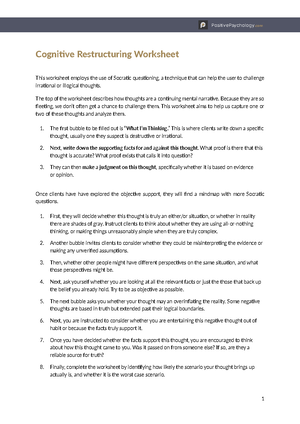 Cognitive Restructuring Worksheet - PositivePsychology 1 Cognitive  Restructuring Worksheet This - Studocu