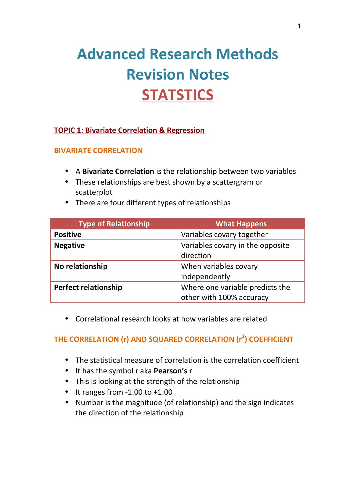 Exam Notes Advanced Research Methods Revision Notes STATSTICS TOPIC 1