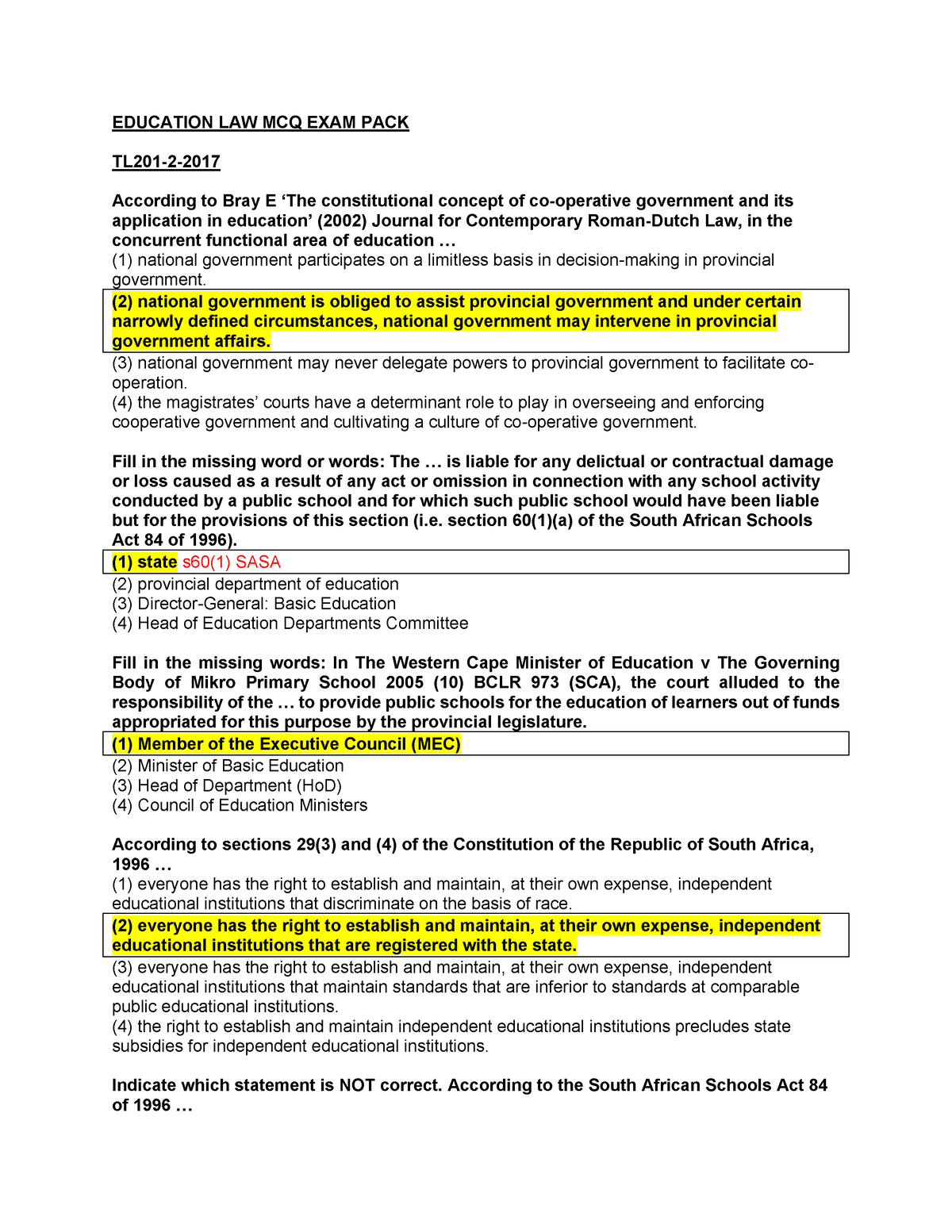 Education LAW MCQ EXAM PACK 1 2 1 EDUCATION LAW MCQ EXAM PACK TL201 2 According To Bray E 