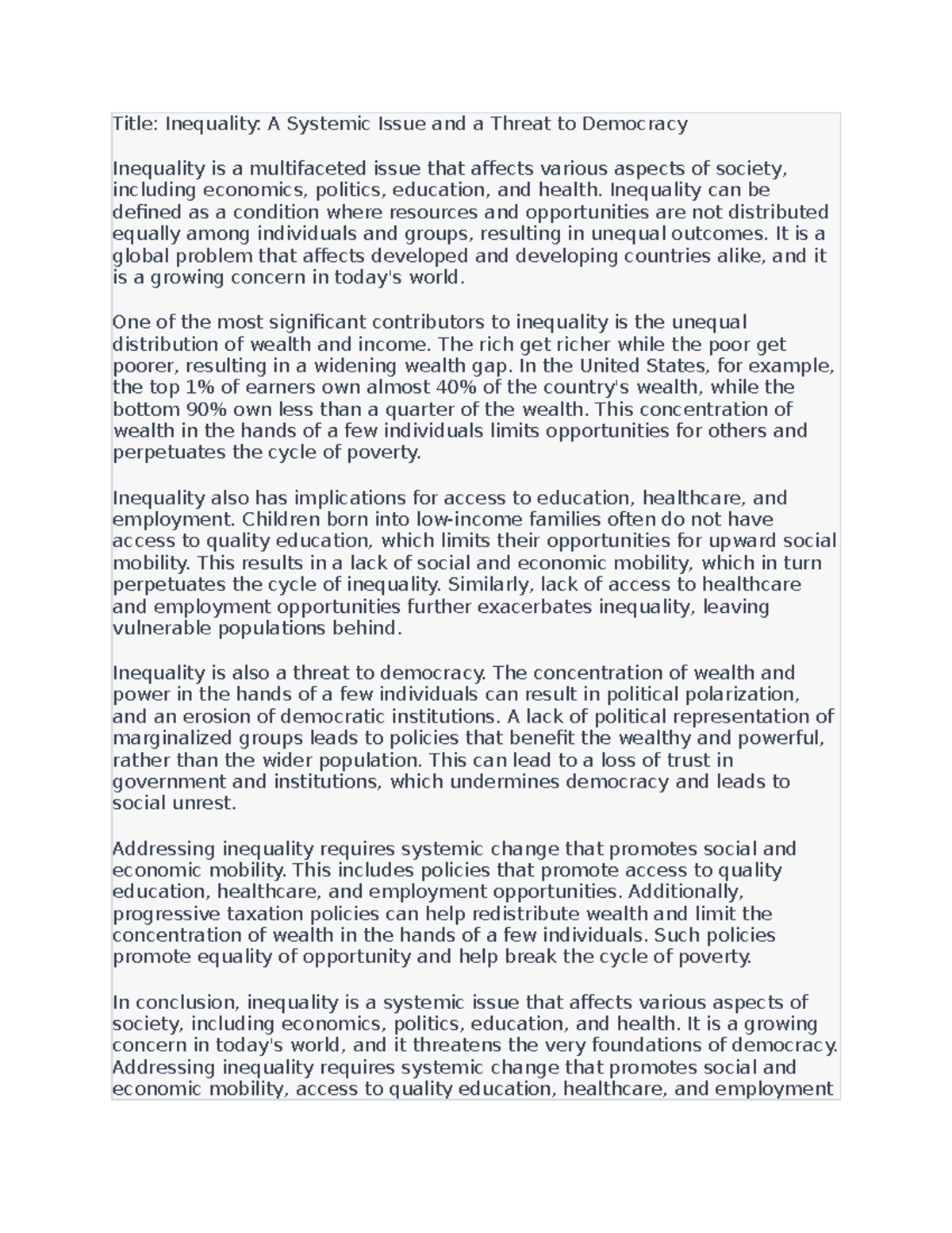 Inequality - A Systemic Issue and a Threat to Democracy - Title ...