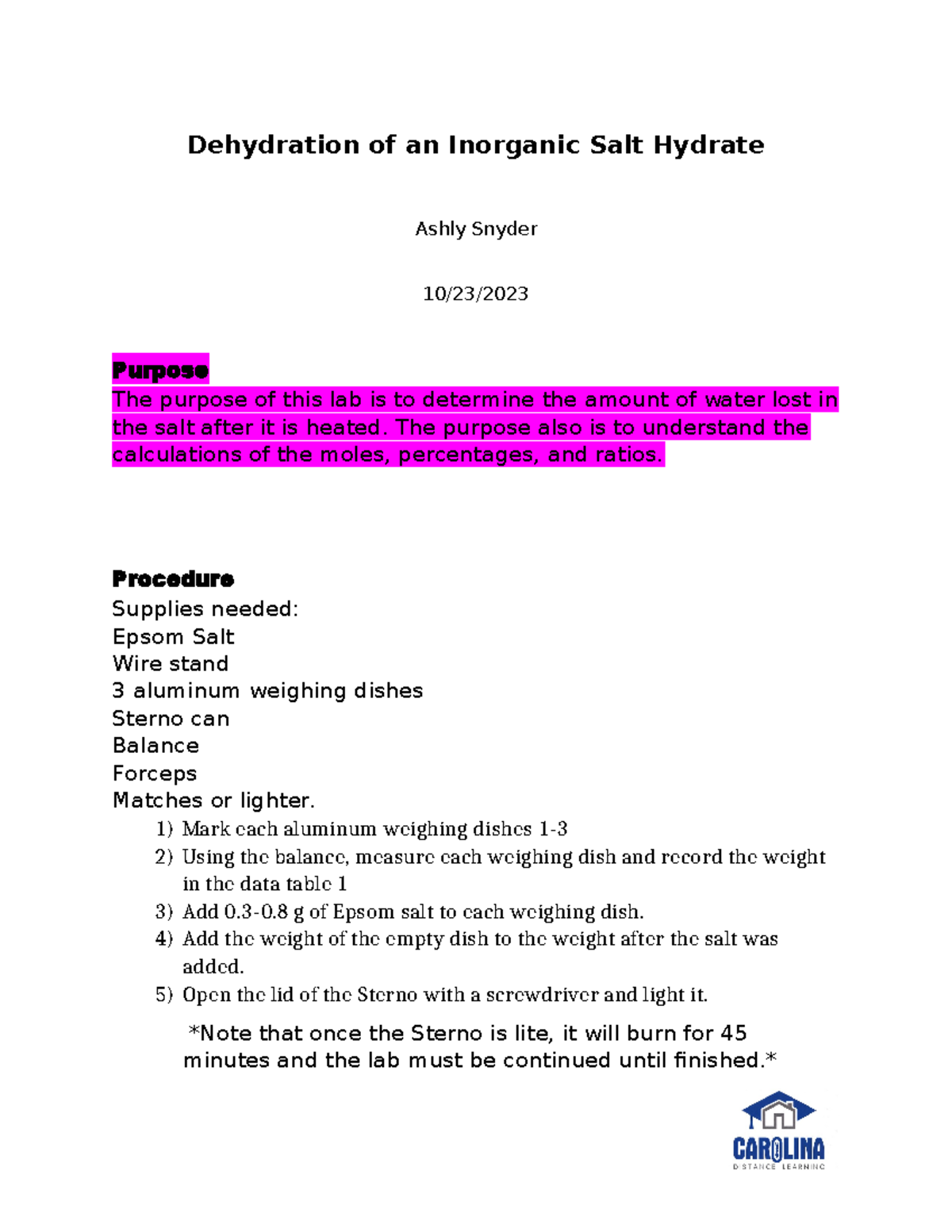 Dehydration of a Hydrate Lab Report dys Dehydration of an