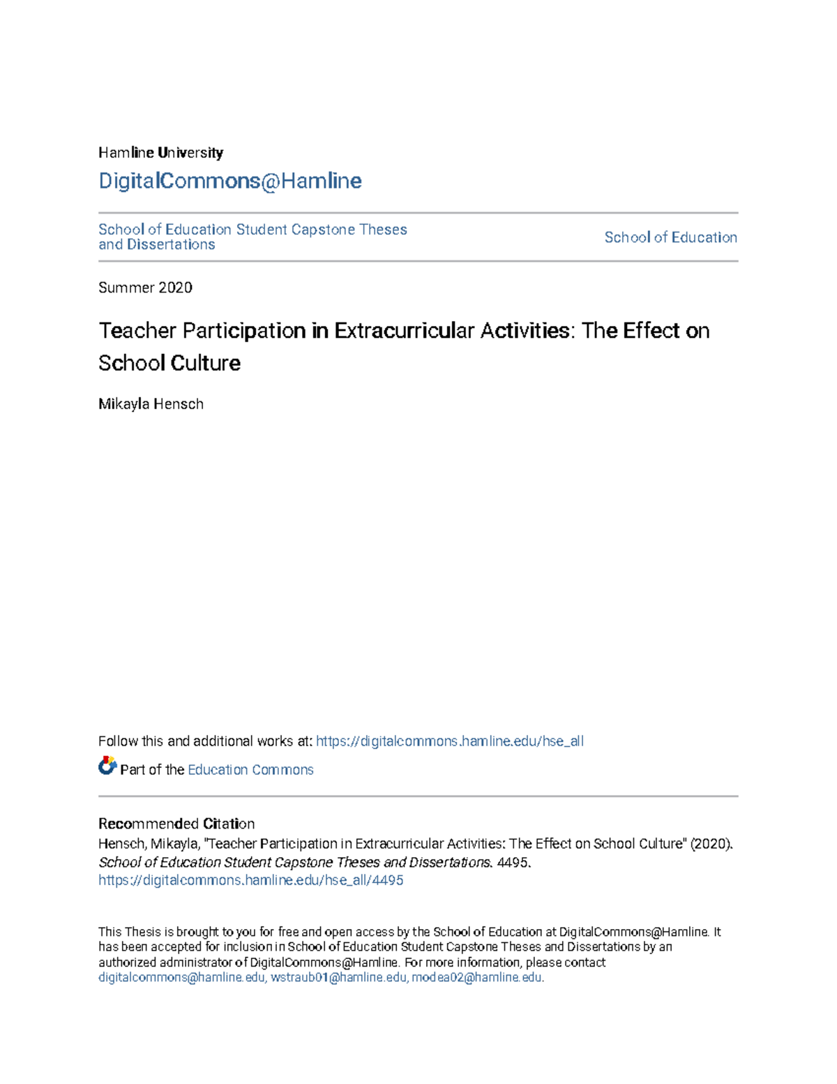 Teacher Participation in Extracurricular Activities The Effect o ...