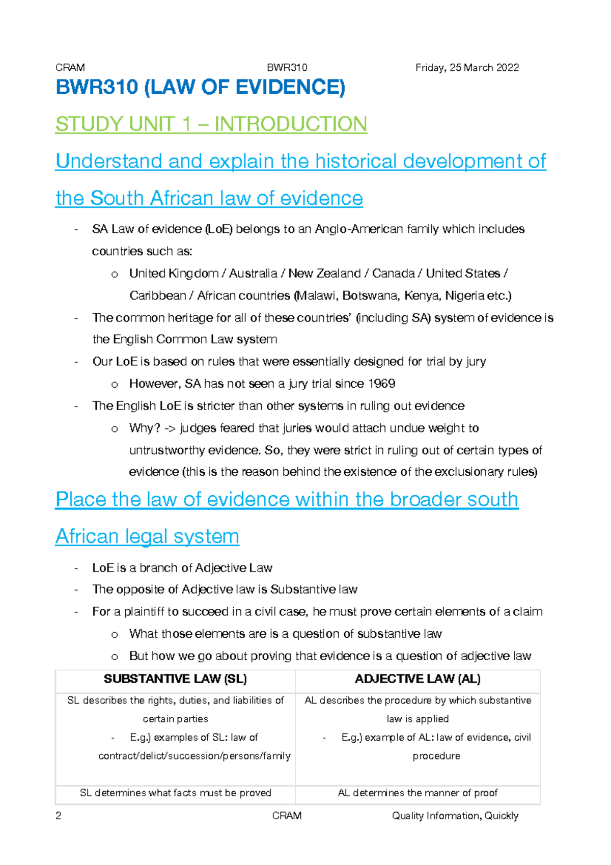 BWR summaries week 1-4 - BWR310 (LAW OF EVIDENCE) STUDY UNIT 1 ...