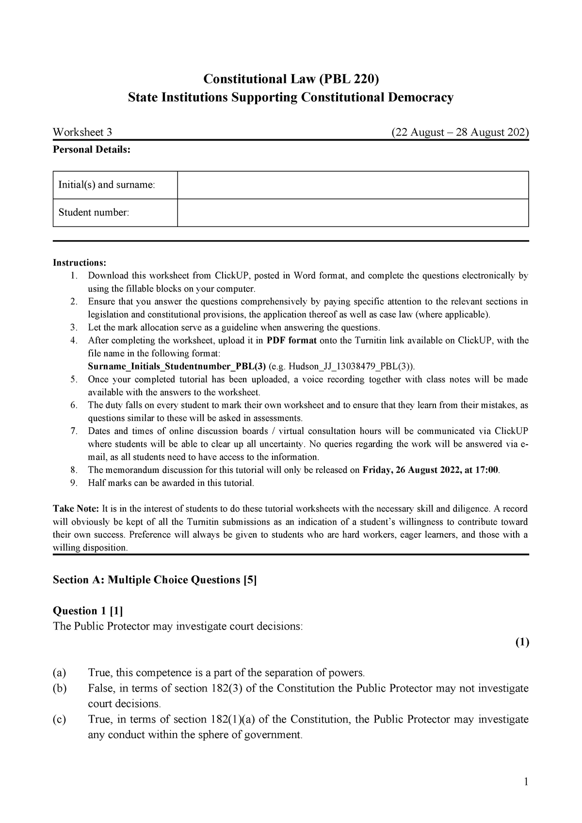 PBL220 Worksheet 3 - Constitutional Law (PBL 220) State Institutions ...