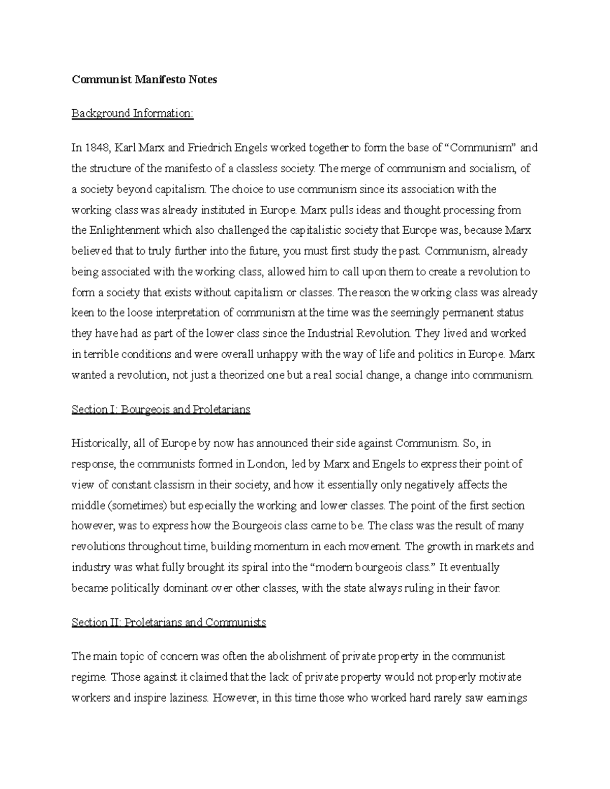EUH 2001 Chapter 20b CM notes - Communist Manifesto Notes Background ...