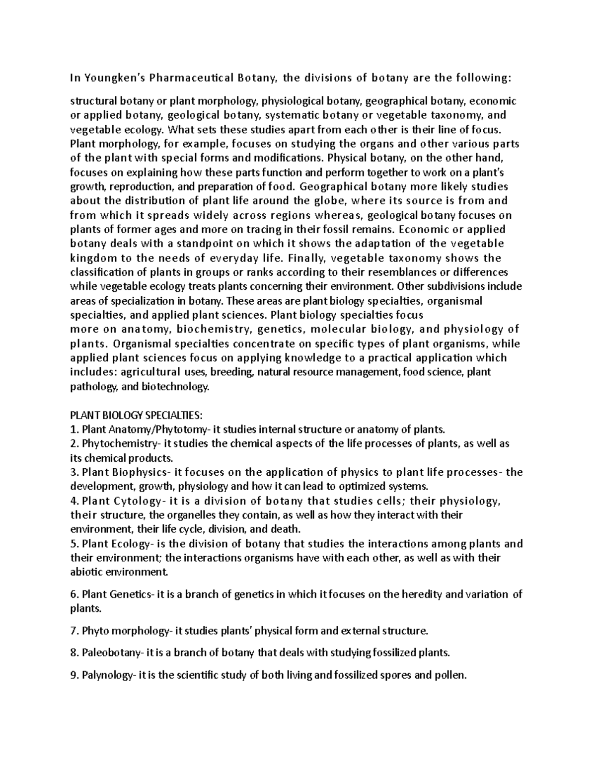 Divisions of Botany - In Youngken's Pharmaceutical Botany, the ...