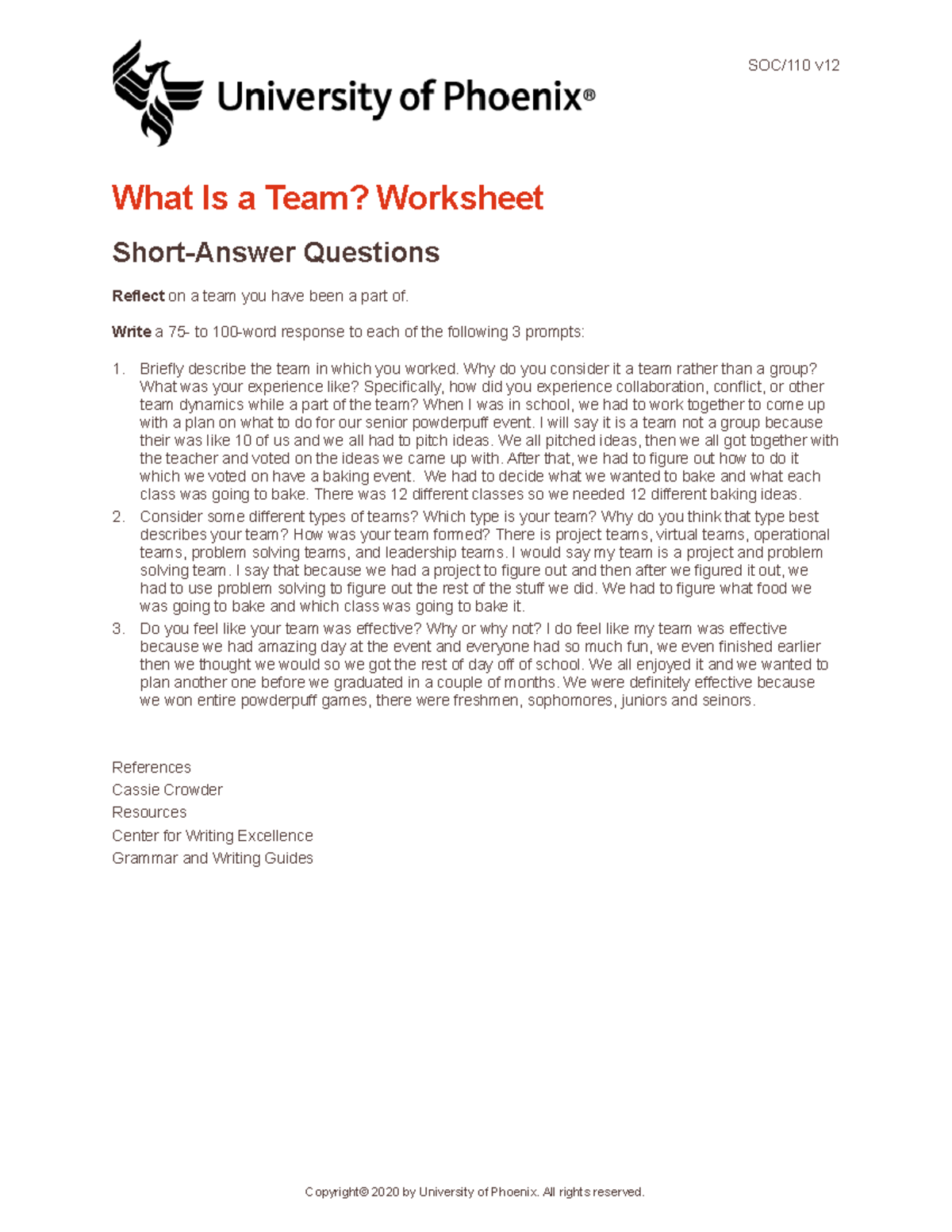 What Is A Team Worksheet SOC 110 V What Is A Team Worksheet Short