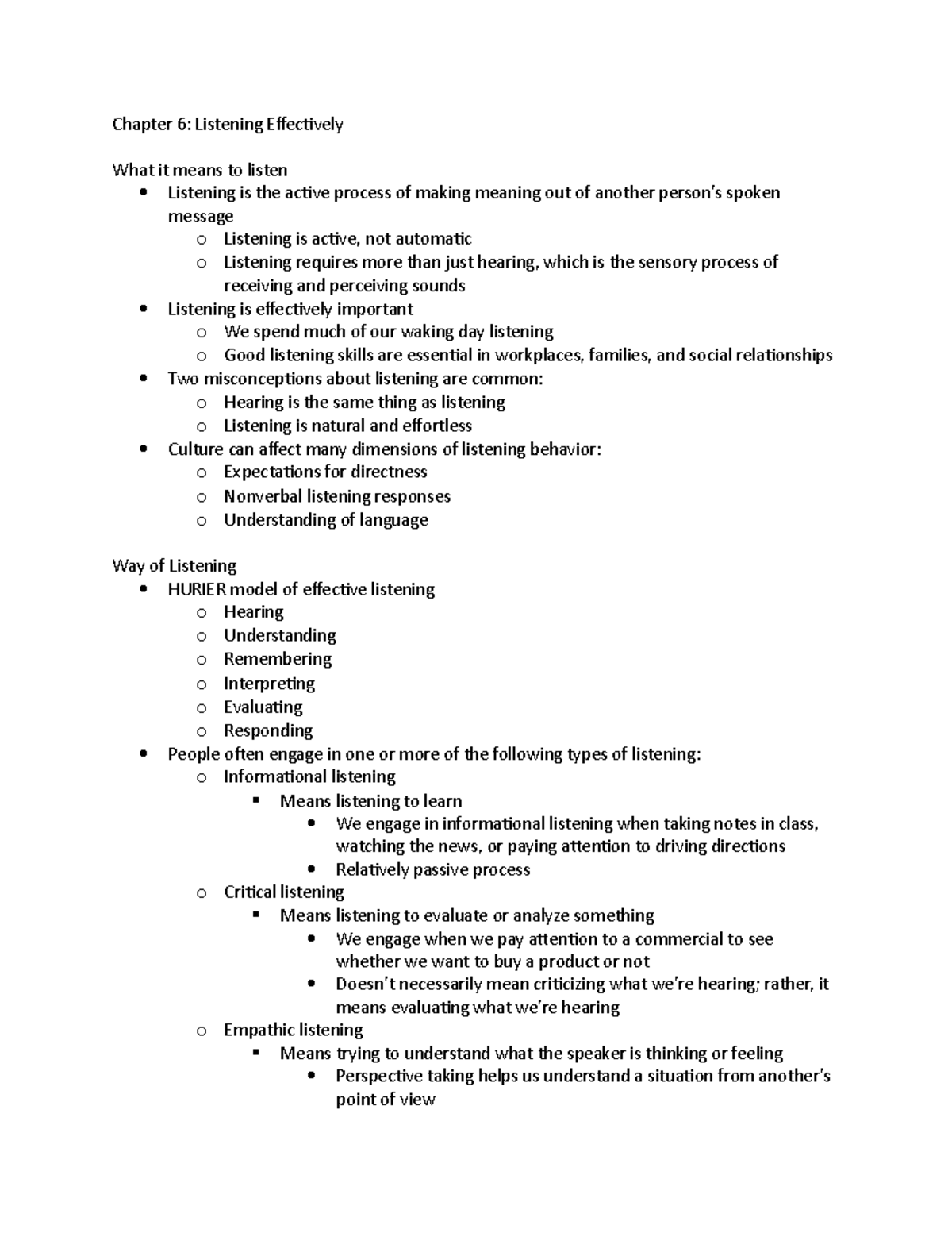 Chapter 6 - Notes - Chapter 6: Listening Effectively What It Means To ...