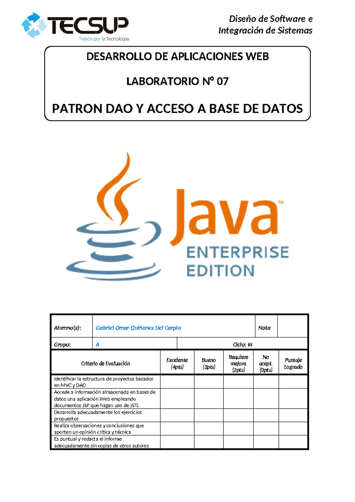 Lab07-DAW - Patron DAO en JAVA - DESARROLLO DE APLICACIONES WEB ...