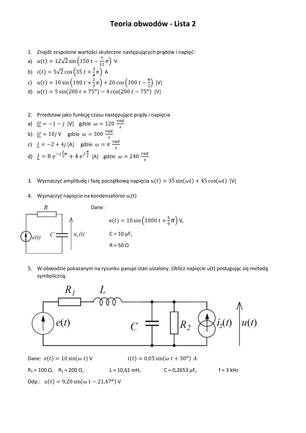 Lista 2 To Teoria Obwodów Lista 2 Znajdź Zespolone Wartości Skuteczne Następujących Prądów I 2565