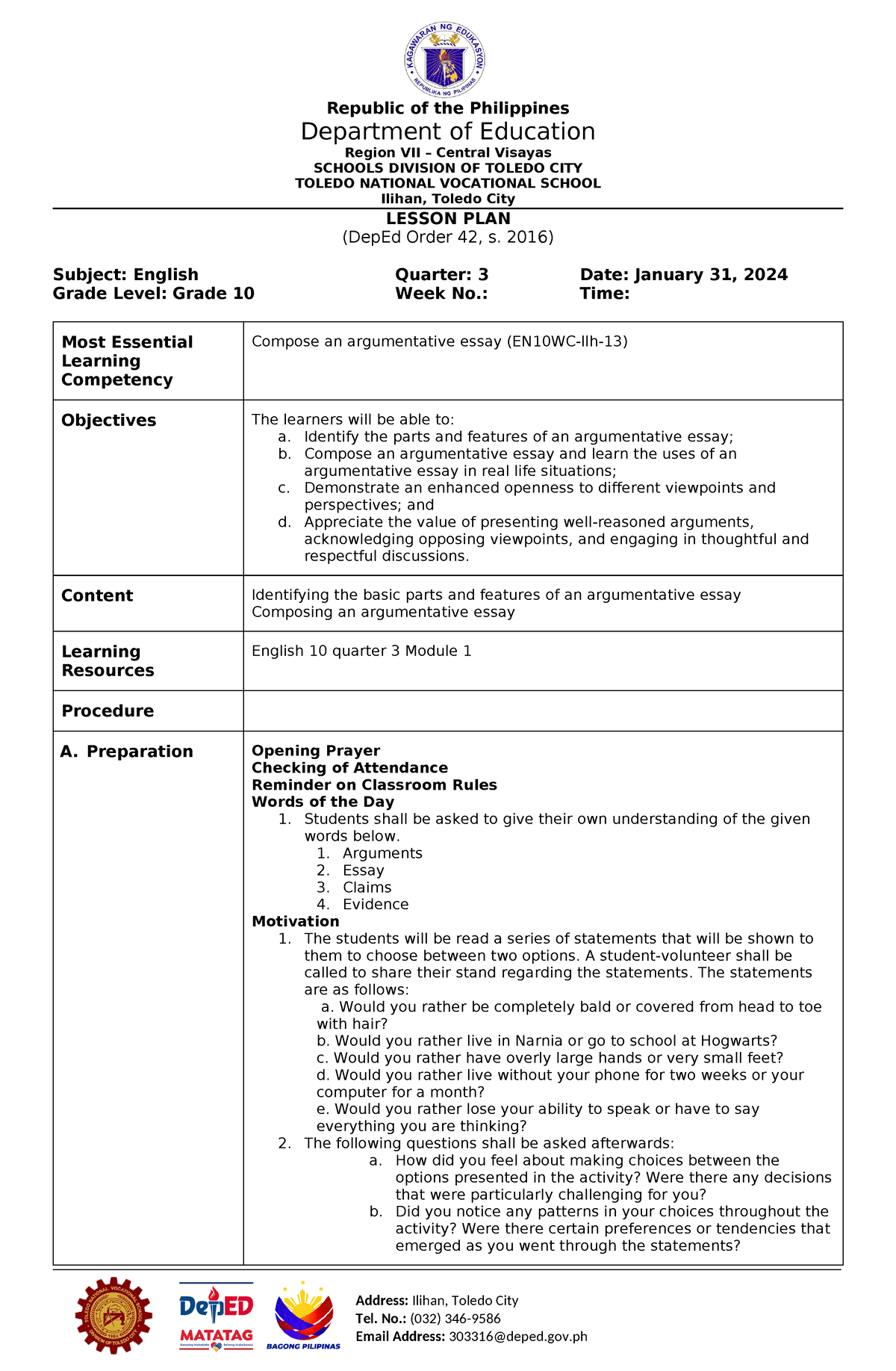 Grade 10 Lesson Plan (TNVS)-Lesson Pla - Department of Education Region ...