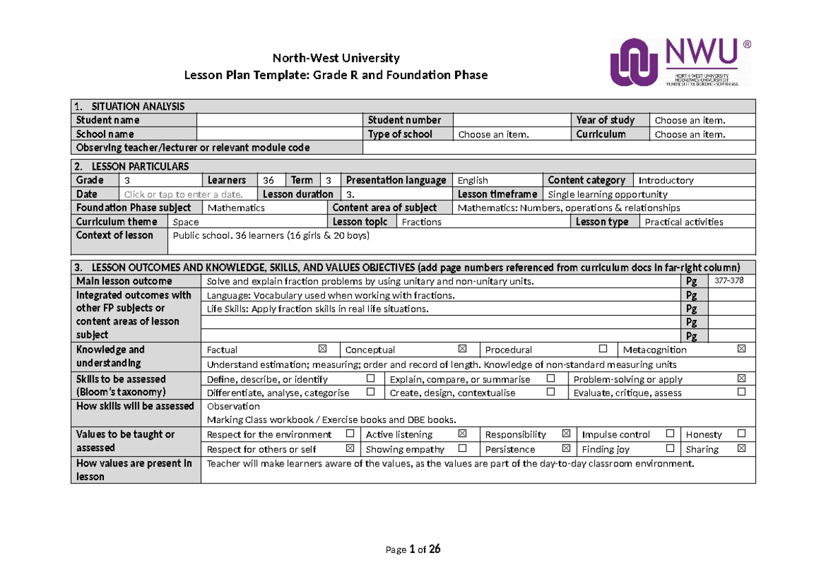 MFPC 321 Ass 3 A B -Lesson Plan Template- Foundation Phase And Gr R ...