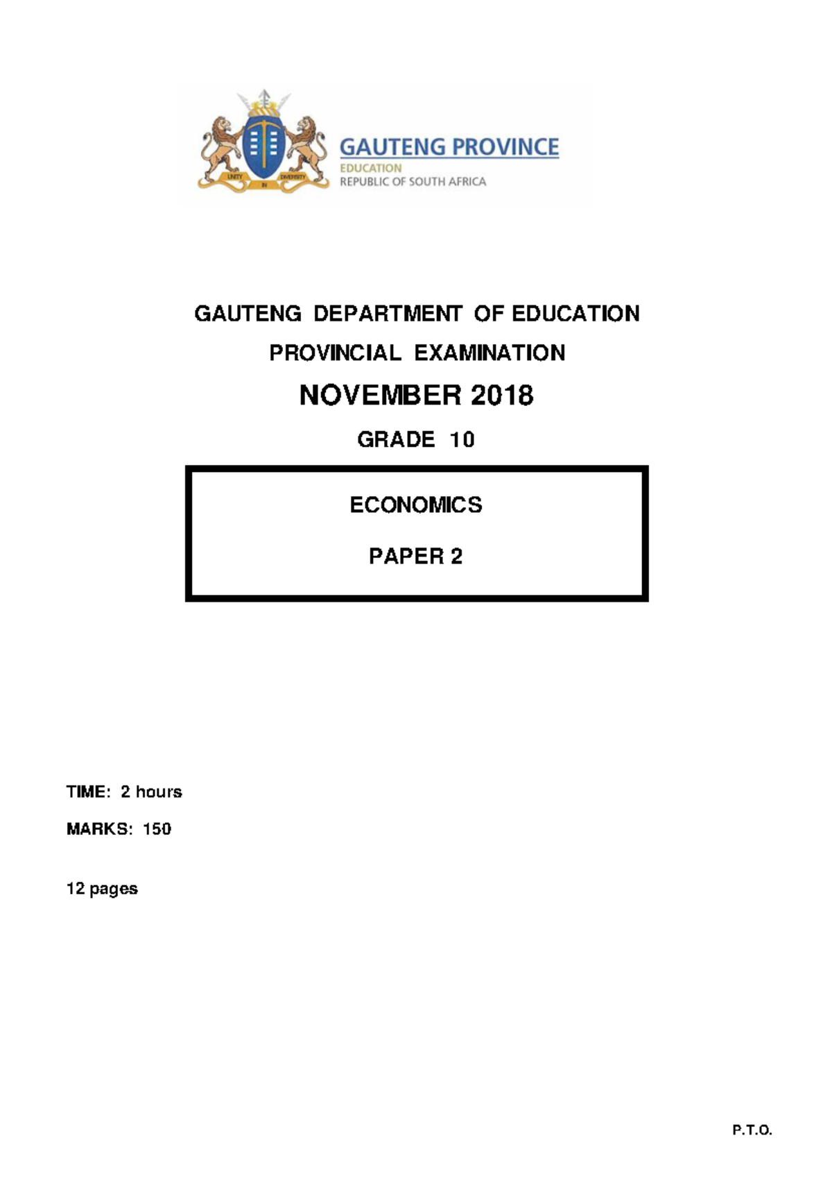 Grade 10 Economics P2 (English) November 2018 Question Paper GAUTENG