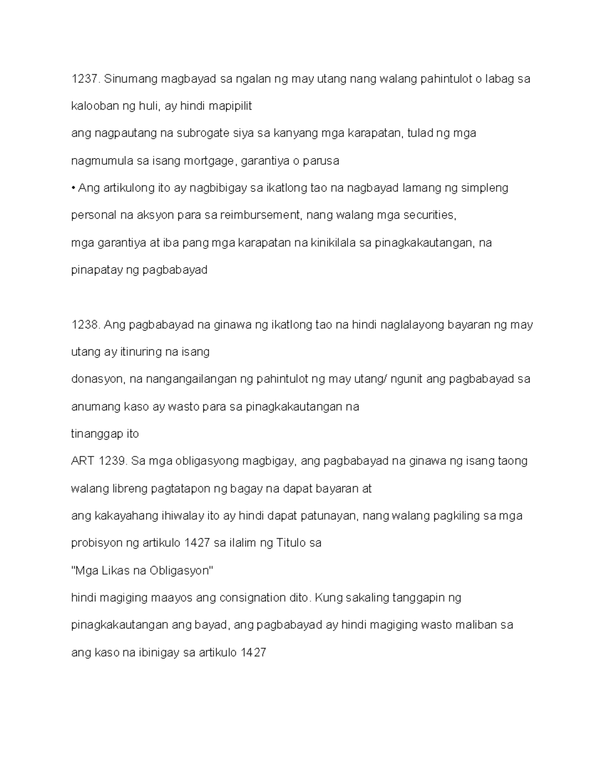 BLAW9 - Tagalized provisions - Sinumang magbayad sa ngalan ng may utang ...