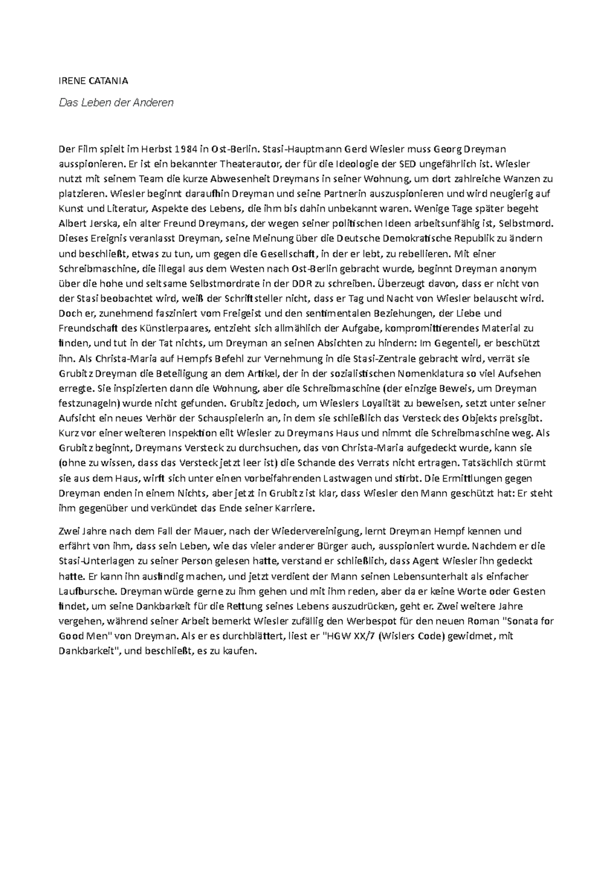 Das Leben Der Anderen Zusammenfassung Das Leben der Anderen - riassunto commentato film tedesco - IRENE