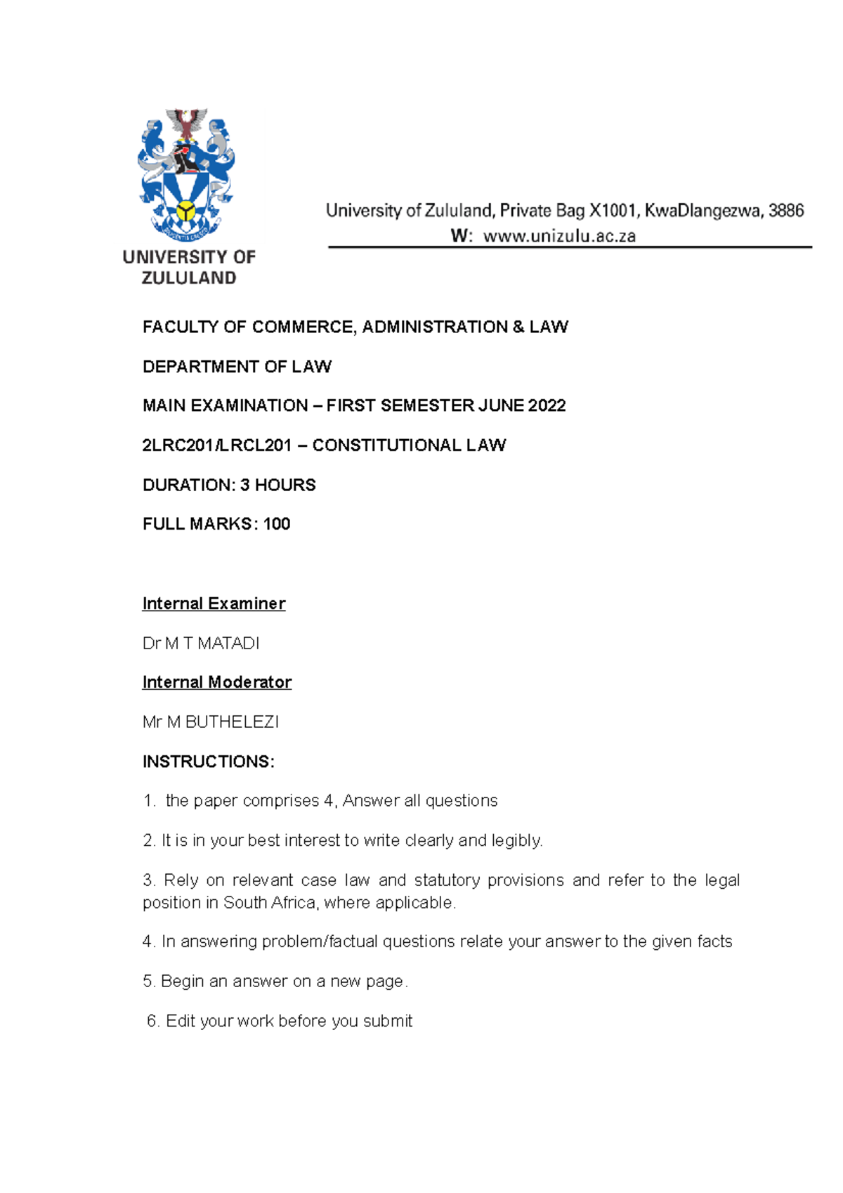 CONS LAW A MAIN EXAM JUNE 2022 FOR Moderation Memorandum (Auto