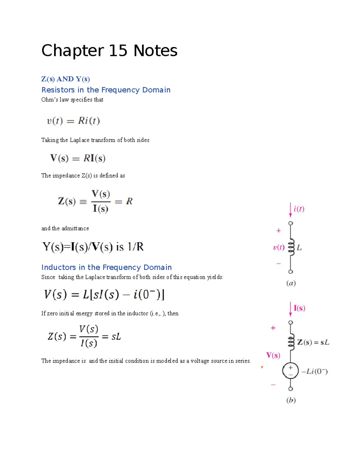 Chapter 15 Notes Chapter 15 Notes Z(s) AND Y(s) Resistors in the