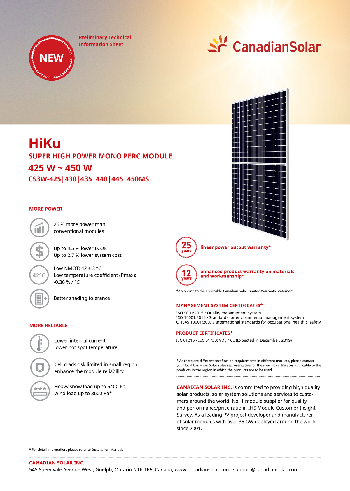 Canadian-Solar-Hi Ku CS3W-MS Super-High-Power MONO 440-450 - CS3W-425 ...