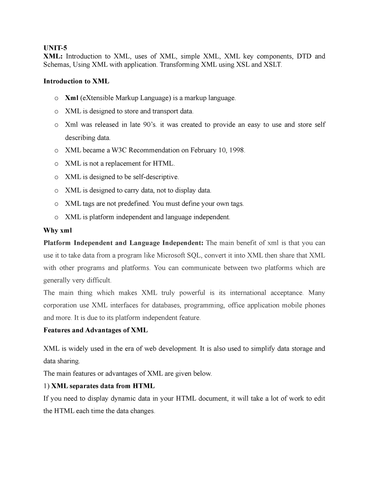 UNIT-5 WT WEB TECHNOLOGY - UNIT- XML: Introduction To XML, Uses Of XML ...