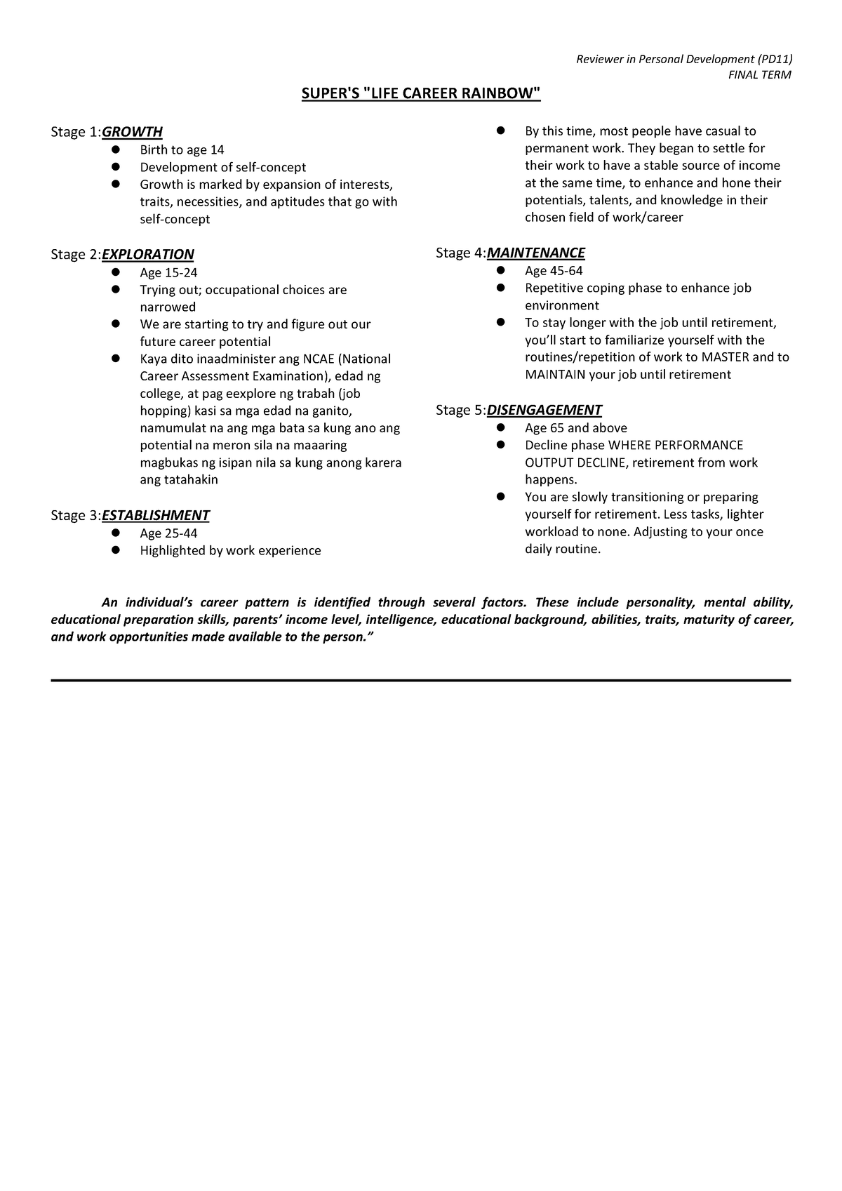 LIFE Career Rainbow - Reviewer in Personal Development (PD11) FINAL ...