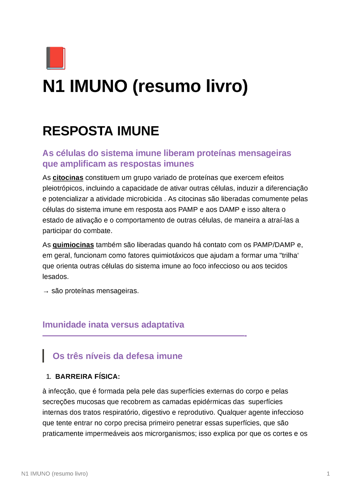 N1 Imuno (resumo Roitt) - Ã N1 IMUNO (resumo Livro) RESPOSTA IMUNE As ...