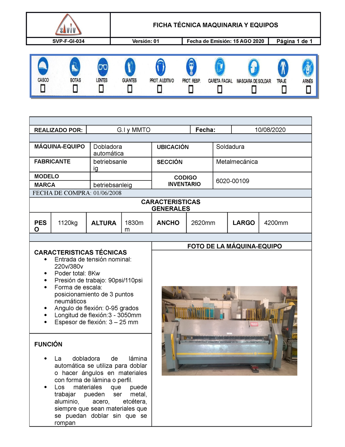 Svp F Gi 034 Ficha Técnica Maquinaria Y Equipos Ficha TÉcnica Maquinaria Y Equipos Svp F Gi