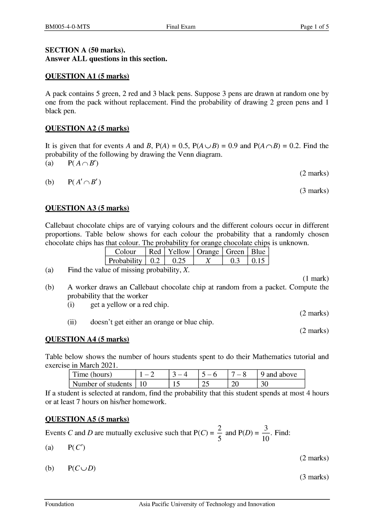 Set 2 - Exam (Q) - Mathematics Sample Exam (Question) - SECTION A (50 ...