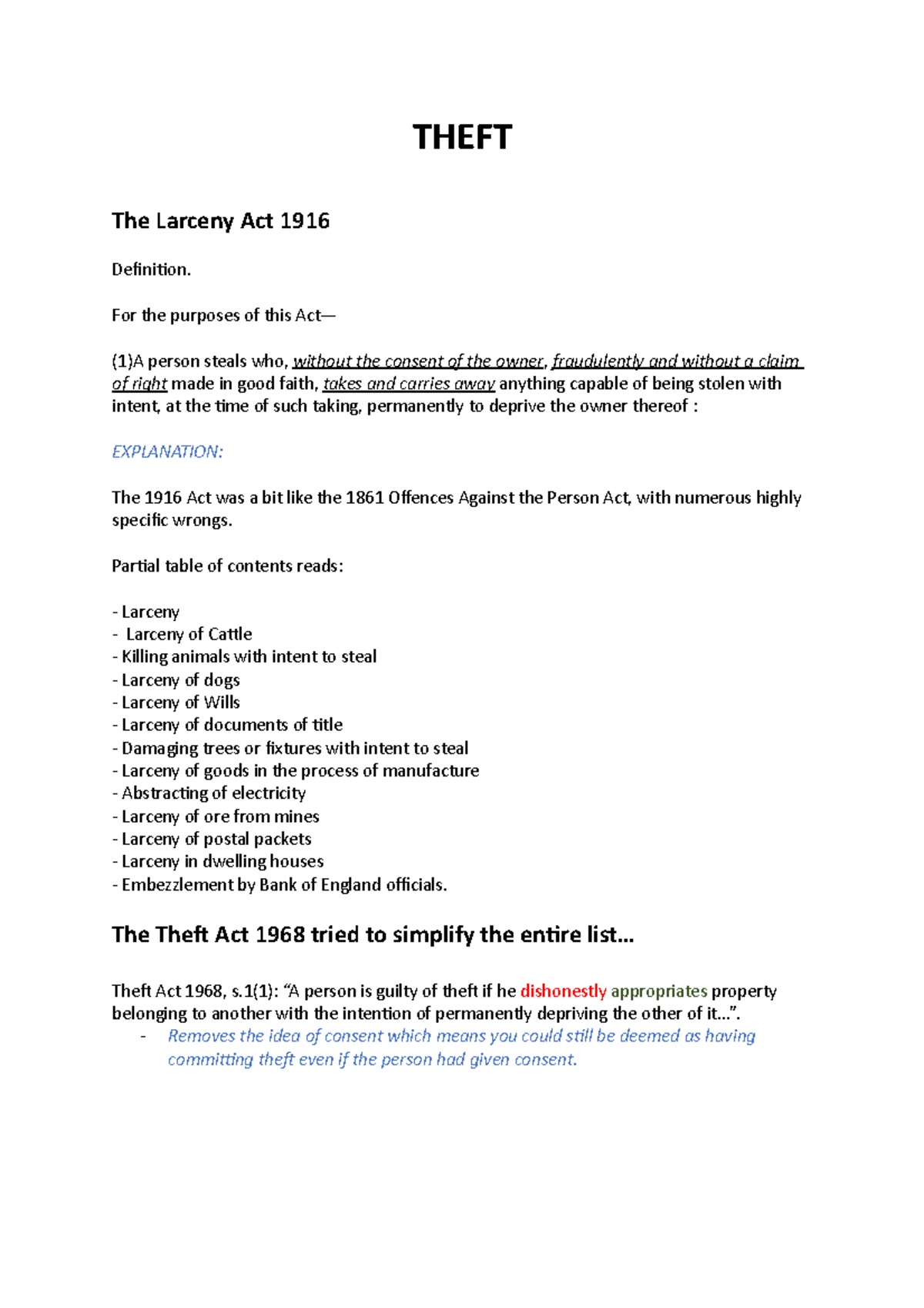 Theft and Fraud THEFT The Larceny Act 1916 Definition. For the