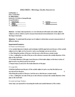 Metrology Lab 5 Assignement - ENGI 54635 – Metrology (Quality Assurance ...