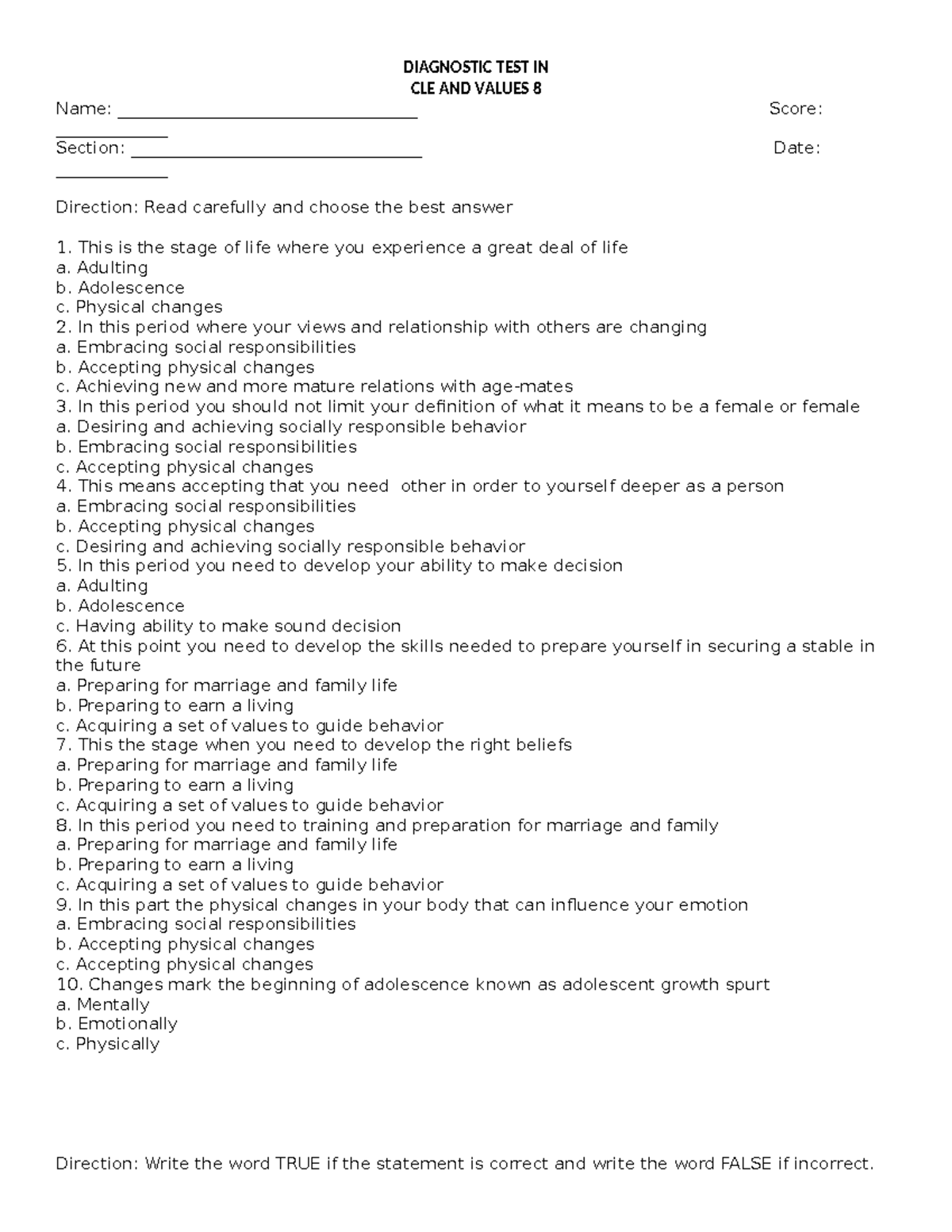 Values AND CLE - DIAGNOSTIC TEST IN CLE AND VALUES 8 Name