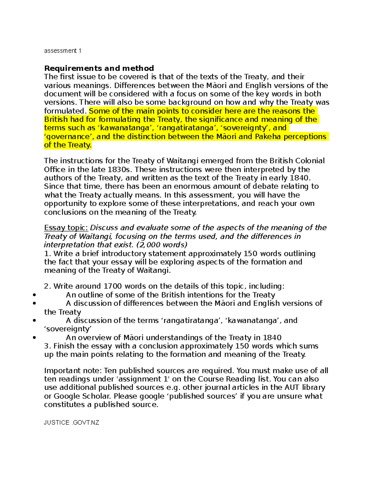 Treaty of waitangi article notes assessment 1 Requirements and method