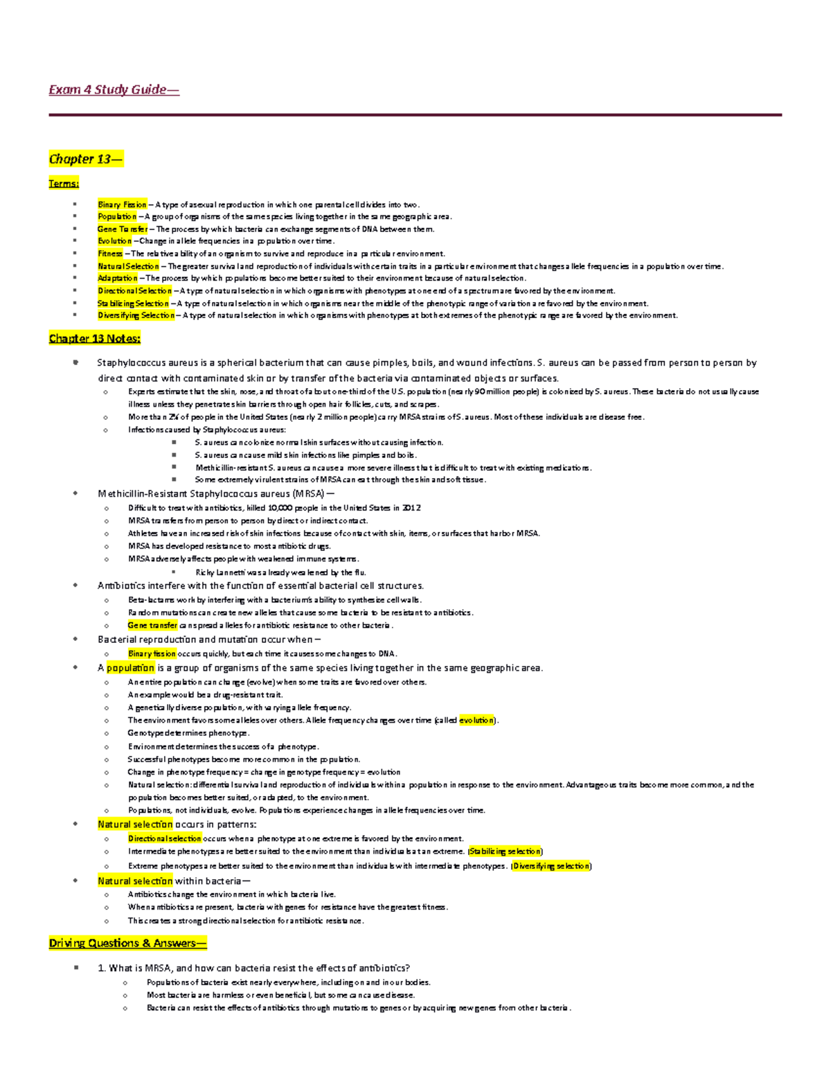 Exam 4 Study Guide - Exam 4 Study Guide— Chapter 13— Terms ...