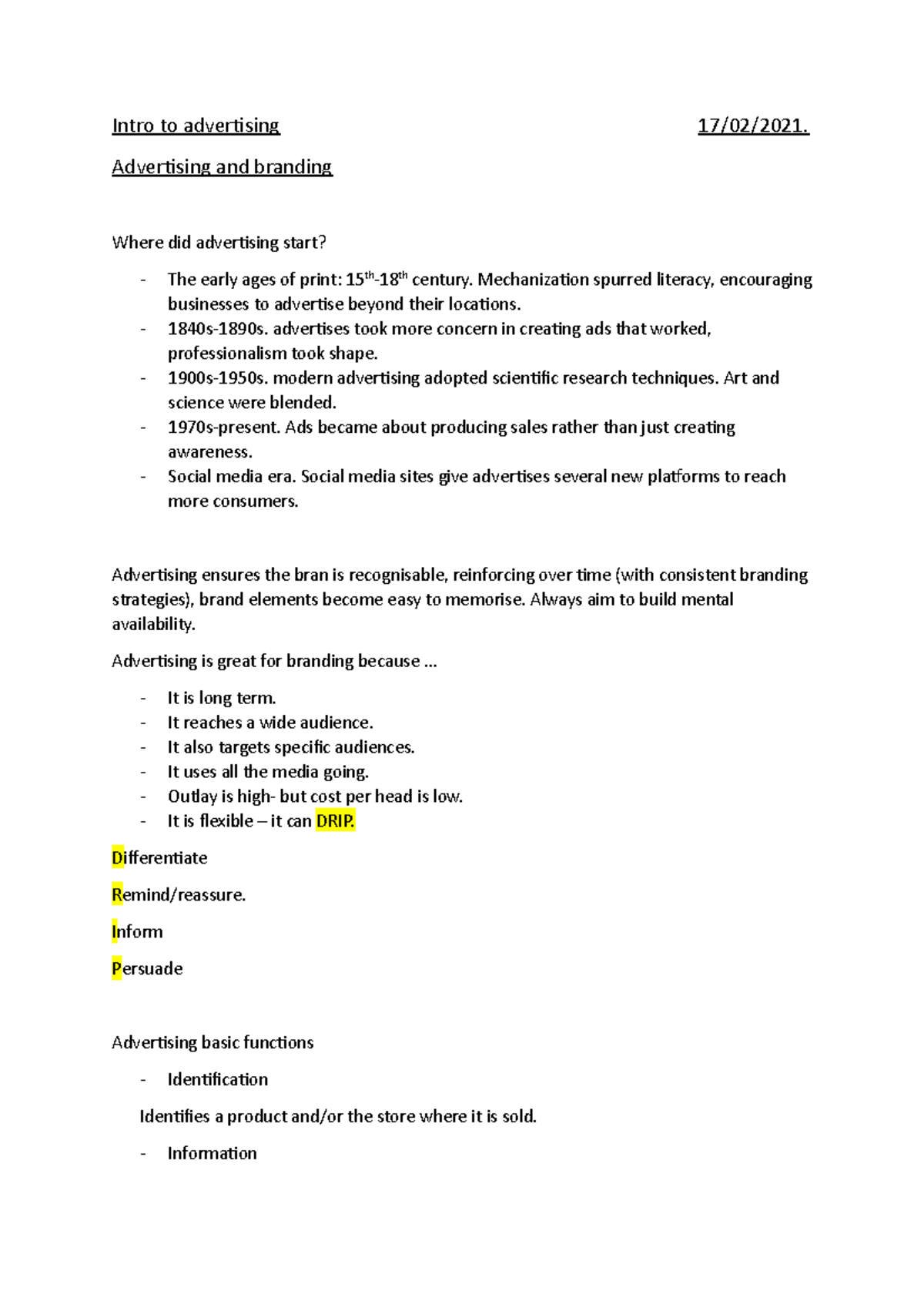 Advertising and branding - Intro to advertising 17/02/2021. Advertising ...