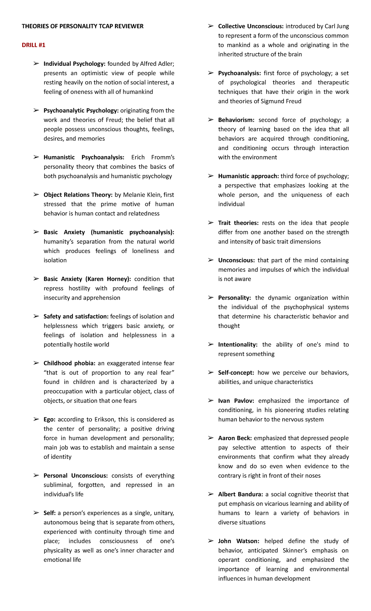 TCAPTOP Drills review THEORIES OF PERSONALITY TCAP REVIEWER DRILL