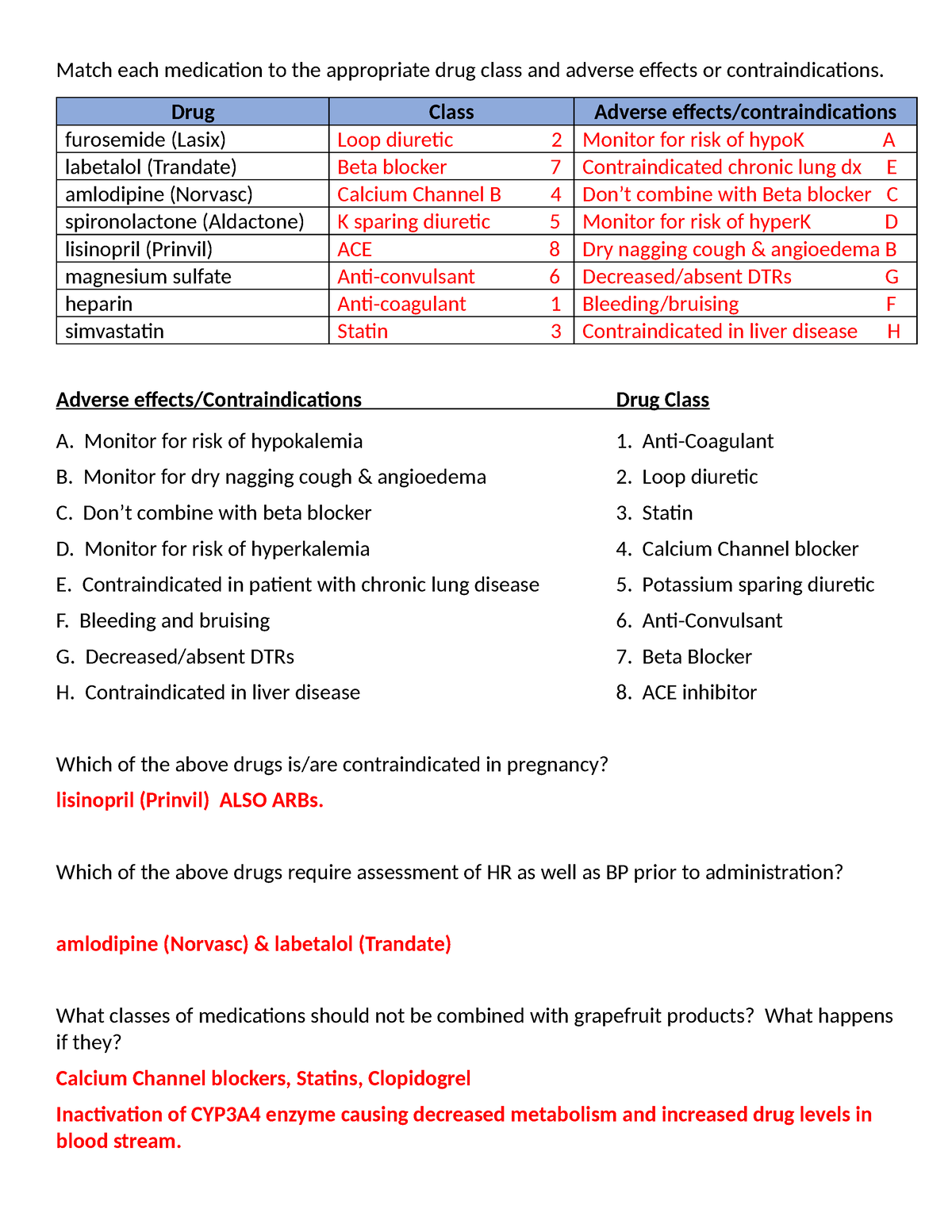 Perfusion Drug Worksheet - Match each medication to the appropriate ...