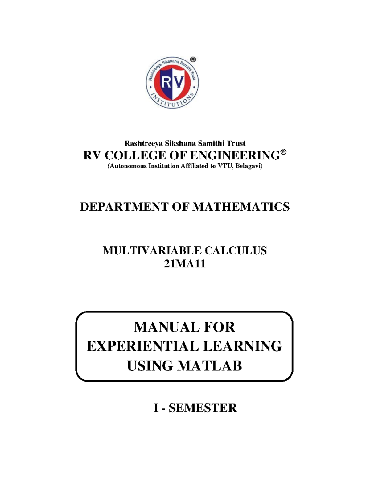 Matlab manual Rashtreeya Sikshana Samithi Trust RV COLLEGE OF