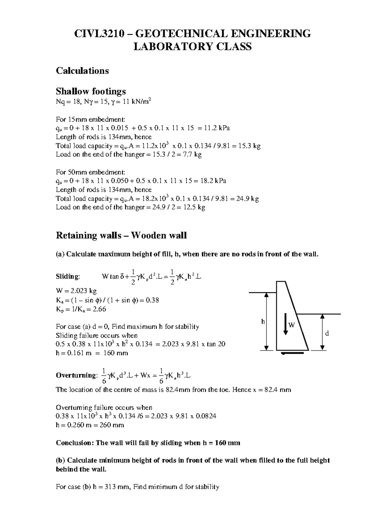Tutorial work all, Solutions Lab Answers rn CIVL3210 GEOTECHNICAL