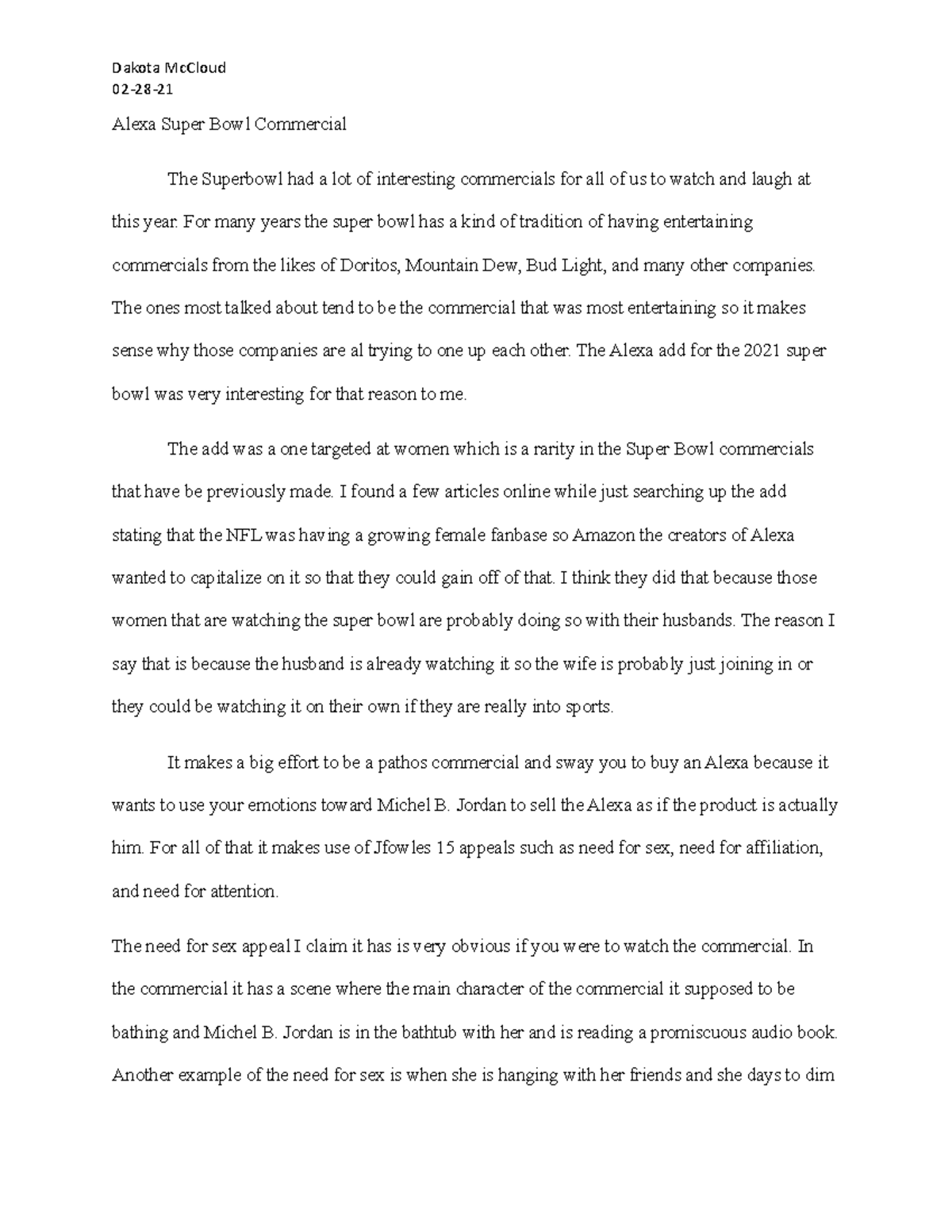 Alexa Super Bowl Commercial Dakota McCloud0228 Alexa Super Bowl
