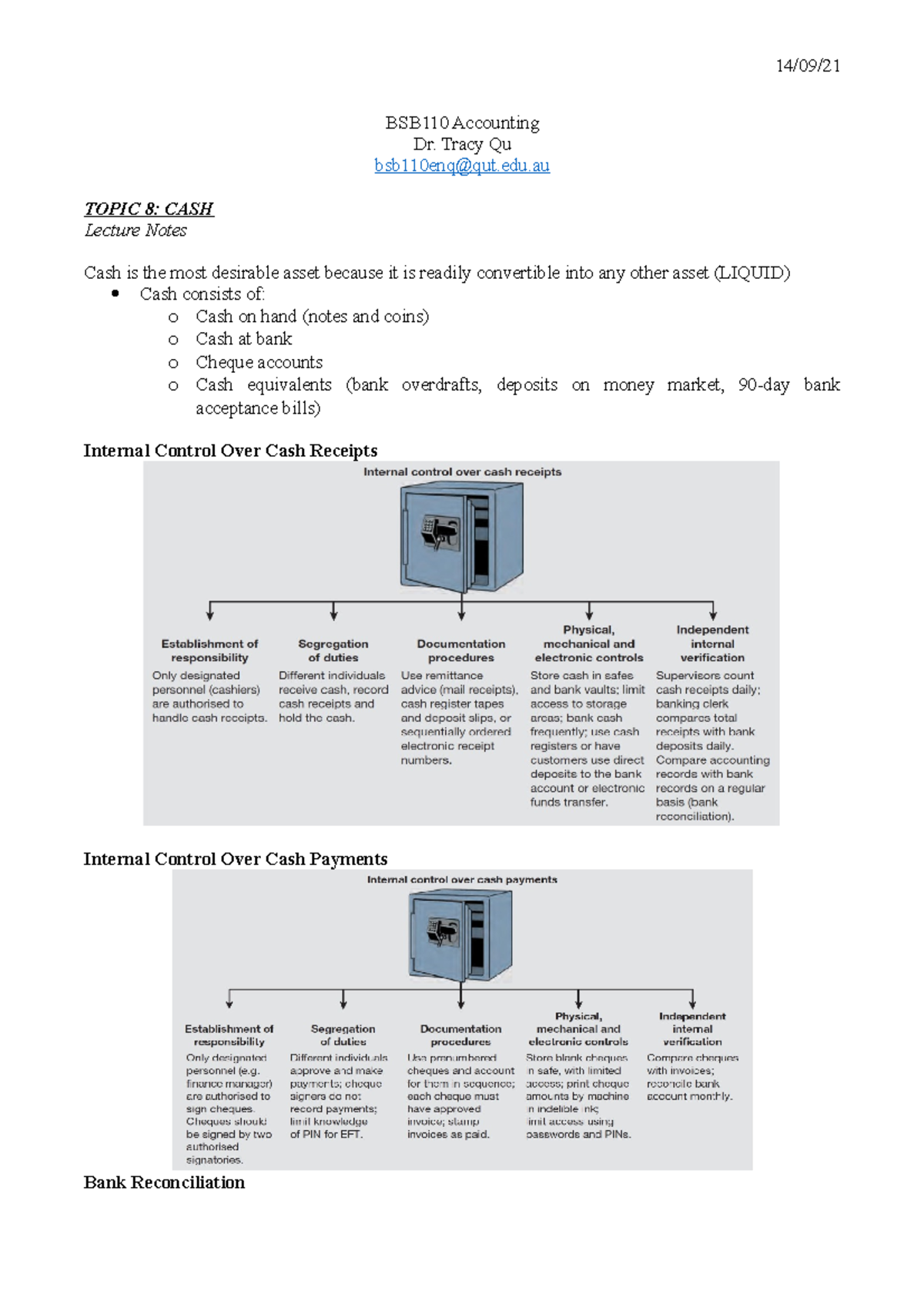 Topic 8 - Cash - BSB110 Accounting Dr. Tracy Qu Bsb110enq@qut.edu TOPIC ...