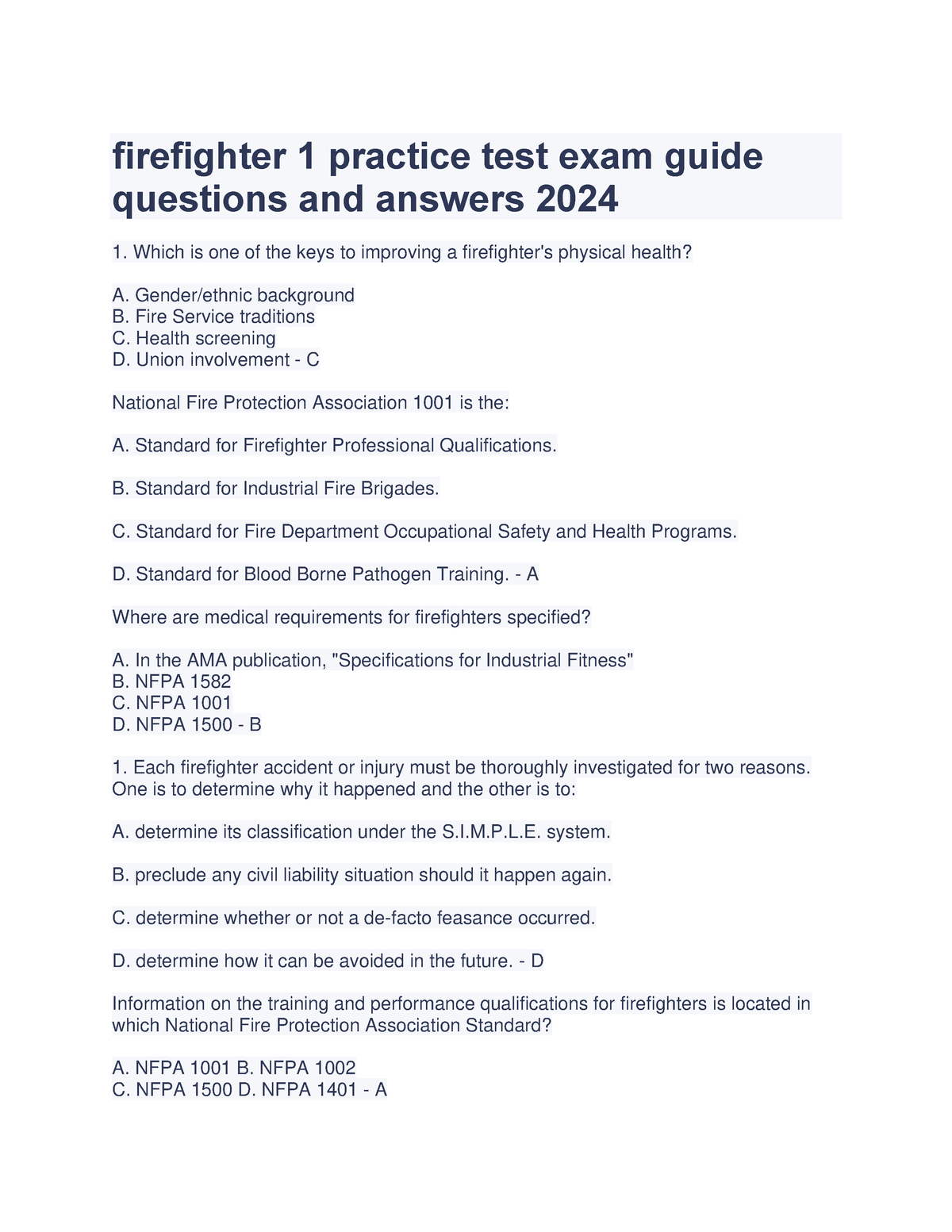 Firefighter 1 practice test exam guide questions and answers 2024