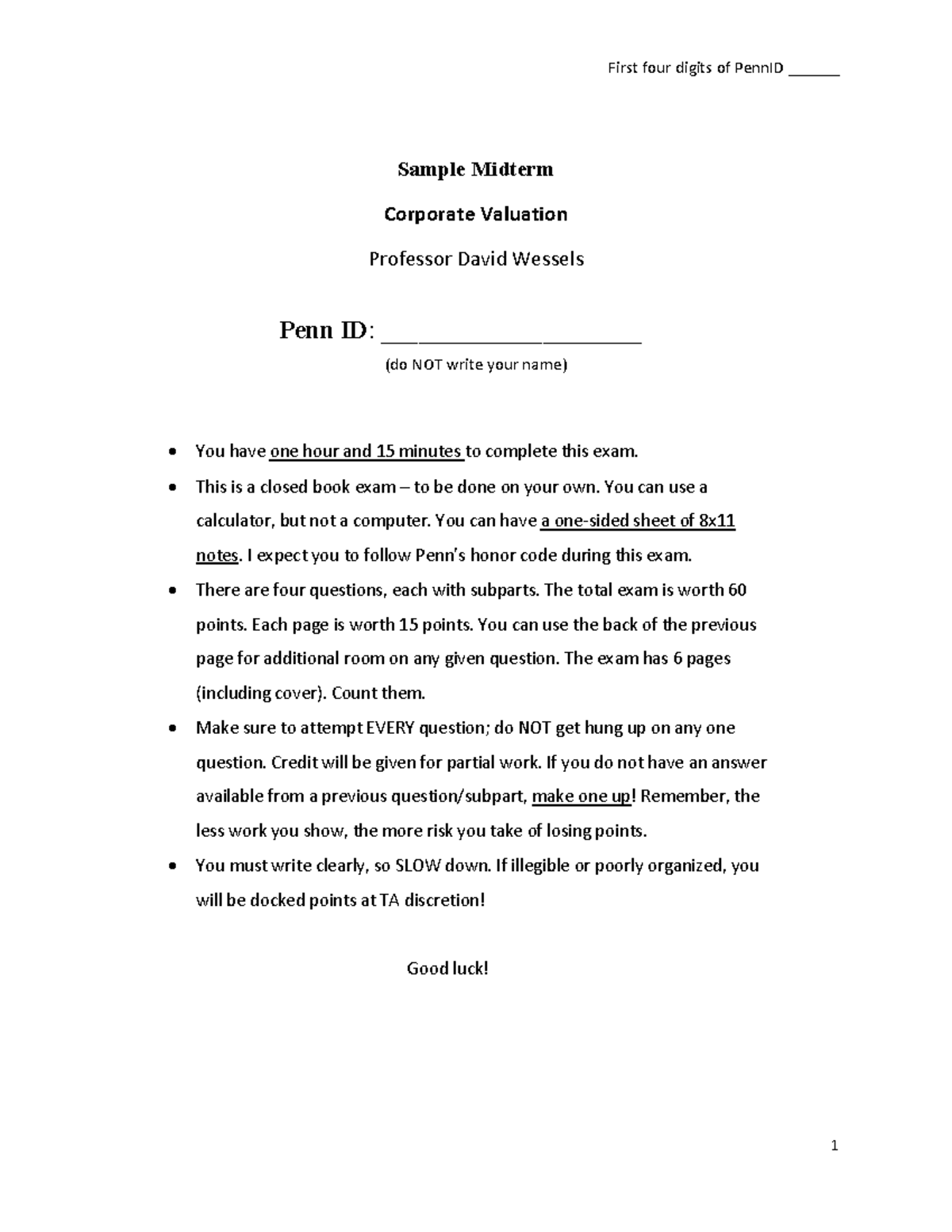 01a - Sample Midterm - Sample Midterm Corporate Valuation Professor ...