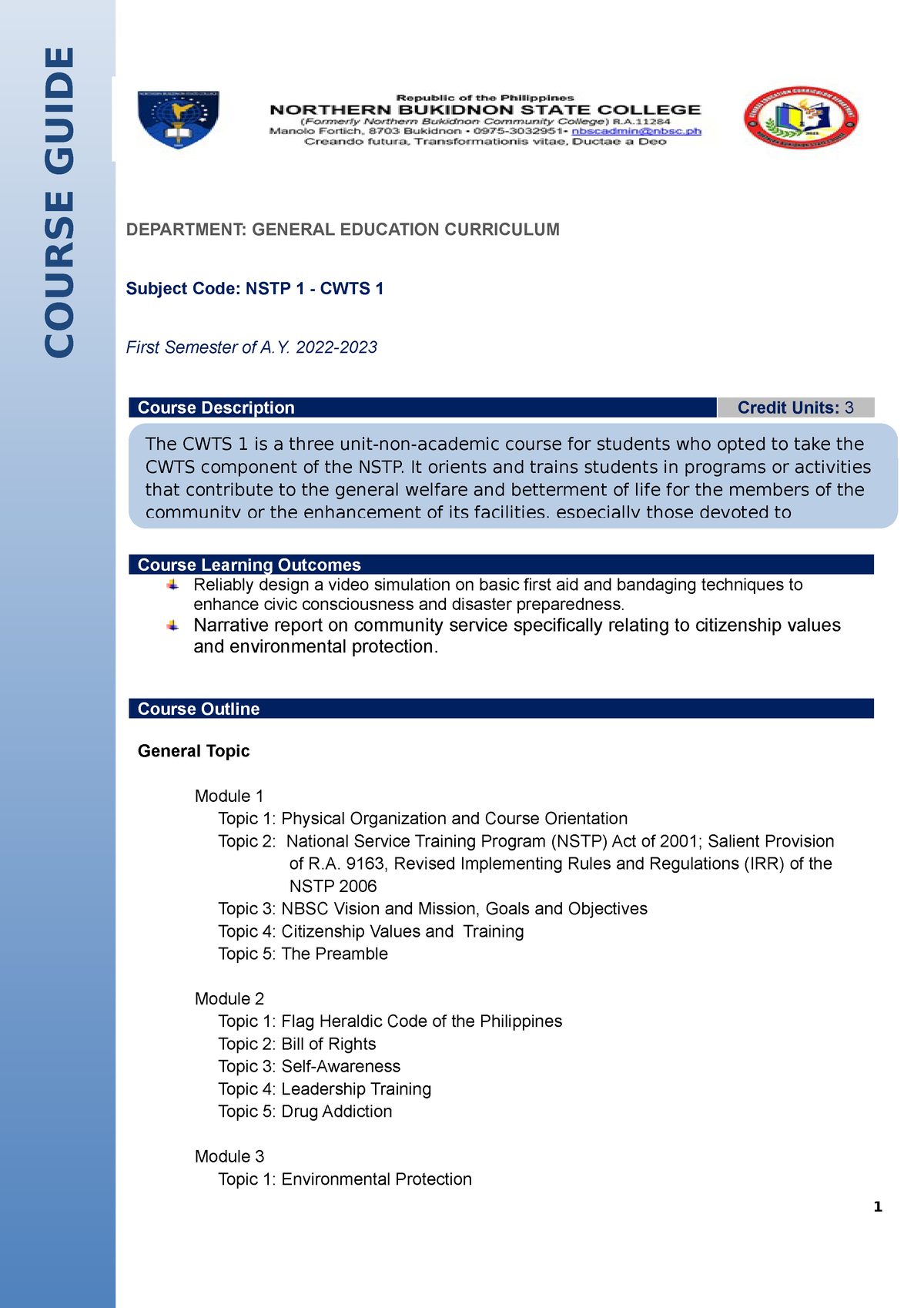 Course Guide NSTP 1 CWTS 1 Final - DEPARTMENT: GENERAL EDUCATION ...