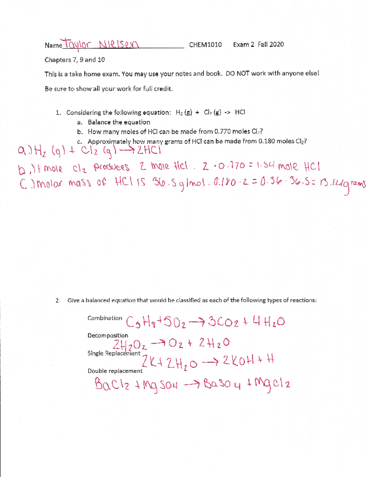 Exam 2 - exam 2 teacher- Amanda Petrus - CHEM 1010 - Studocu