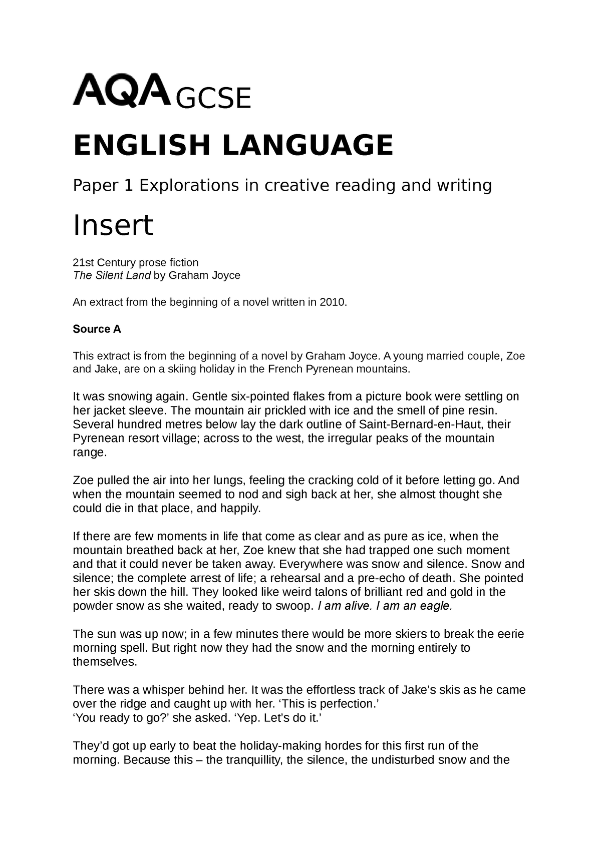 AQA GCSE ENG LANG P1 Avalanche Source - GCSE ENGLISH LANGUAGE Paper 1 ...