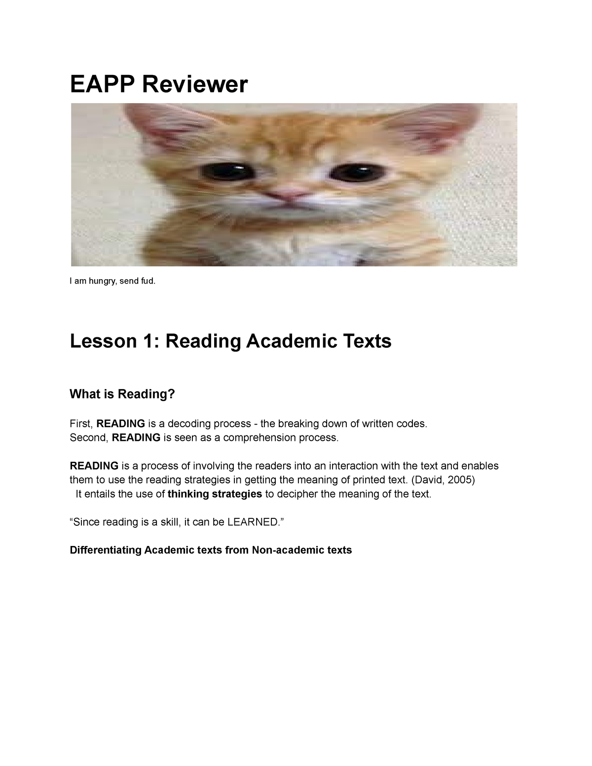 EAPP Reviewer - Lesson 1: Reading Academic Texts What Is Reading? First ...