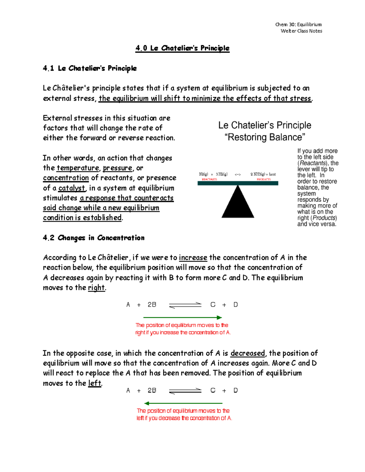 Le Chatleillrs principle - Welter Class Notes 4 Le Chatelier’s ...