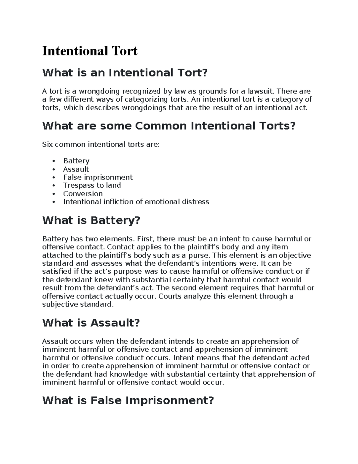 Intentional Tort - Summary Torts - Intentional Tort What is an ...